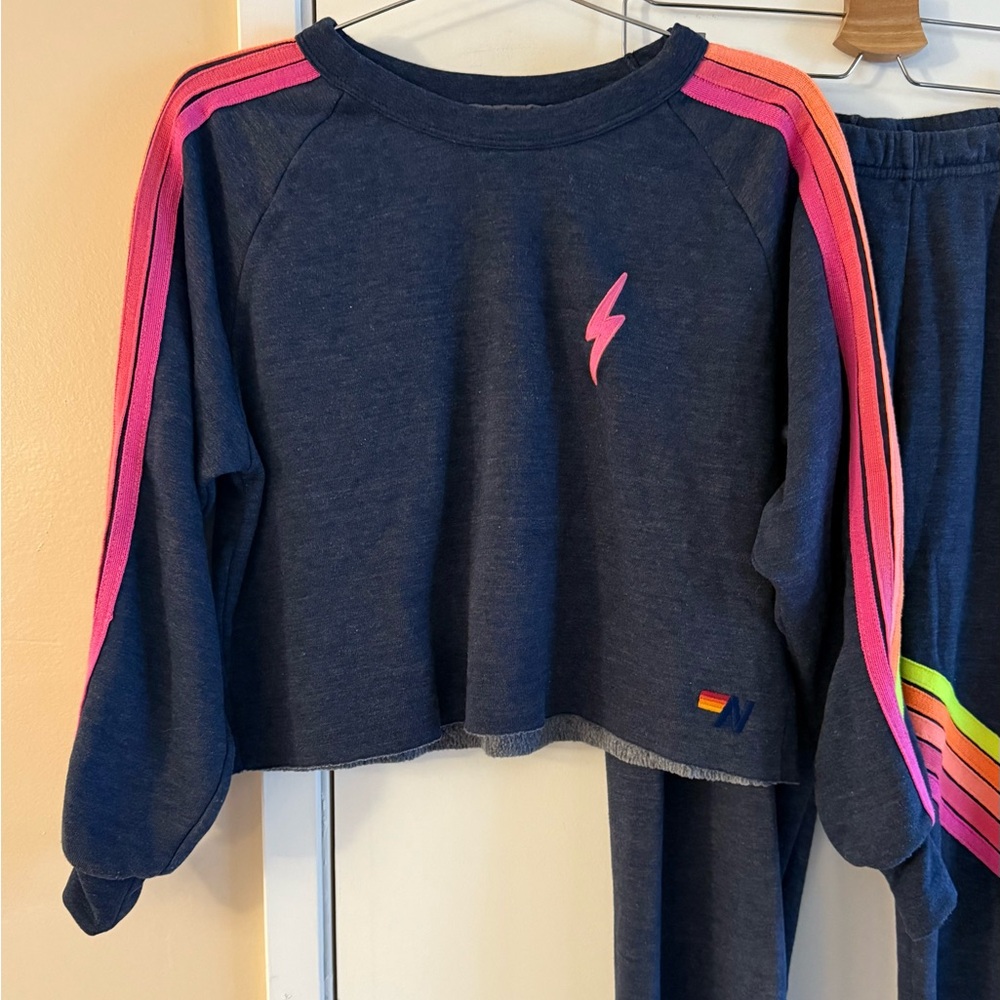 Aviator Nation 5 Stripe Neon Bolt Cropped Sweatshirt and Sweatpants - Picture 2 of 6